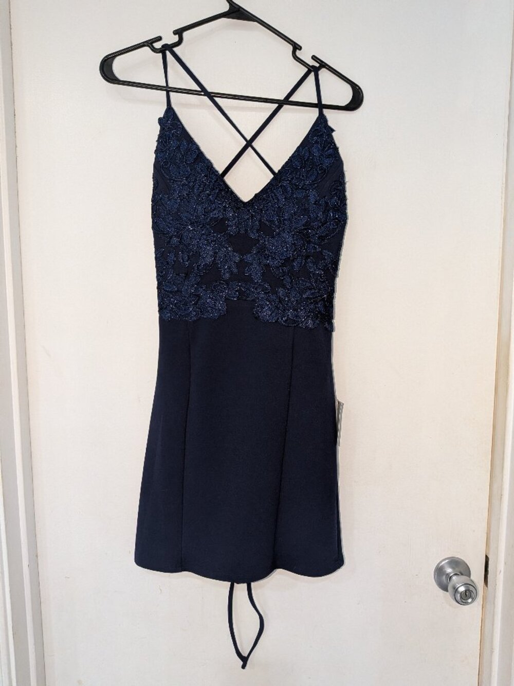 Lulus Navy Lace Applique Open Back Criss Cross Dress Size S NWT